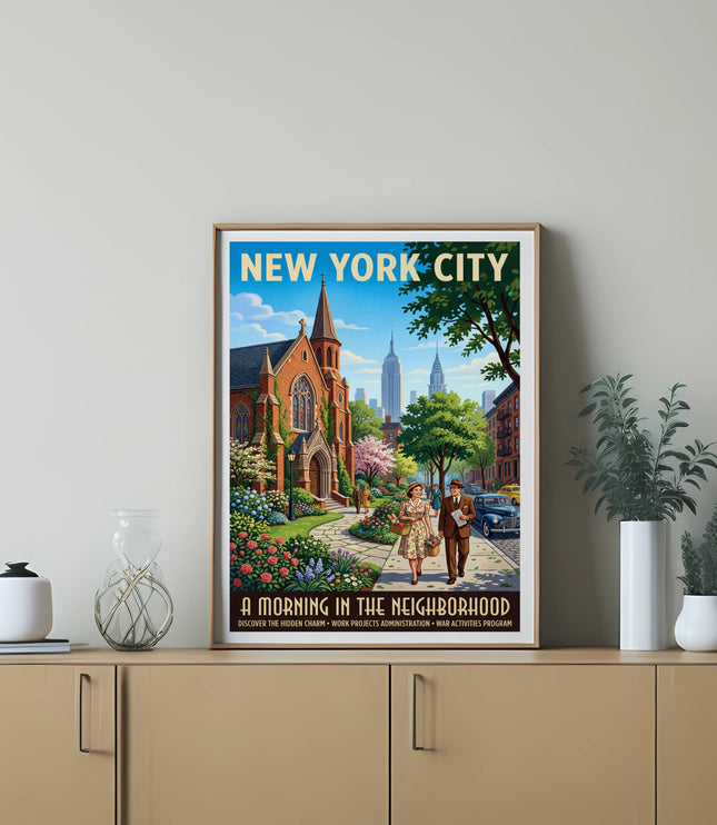 New York City vintage poster with couple walking past a church, with text "A Morning in the Neighborhood".