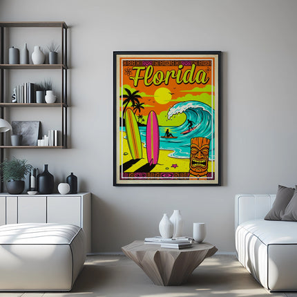 Retro Florida surf poster with tiki, surfboard, palm trees, and ocean wave.