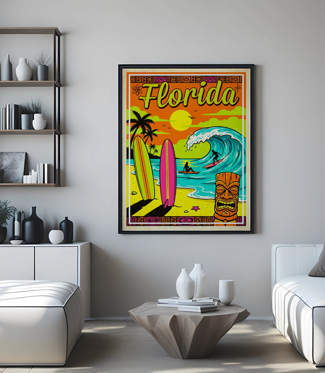 Retro Florida surf poster with tiki, surfboard, palm trees, and ocean wave.