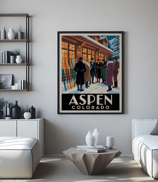 Vintage Aspen Colorado ski poster with people in vintage ski attire.