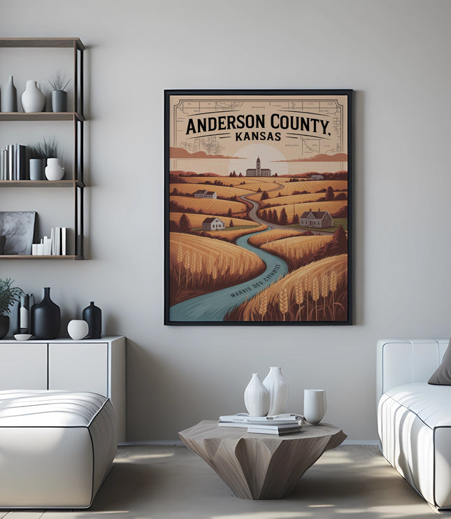 Anderson County, Kansas poster with a winding river, fields, and buildings.