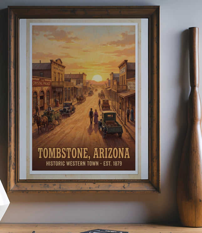 Tombstone, Arizona vintage poster depicting a historic street scene at sunset.