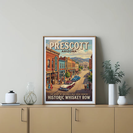 Prescott Arizona Historic Whiskey Row poster with vintage cars and buildings.