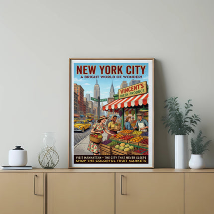 New York City poster: Vincent's Fresh Produce, street scene with fruit stands.