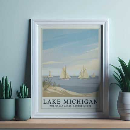 Lake Michigan vintage travel poster with sailboats and lighthouse.