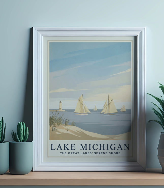 Lake Michigan vintage travel poster with sailboats and lighthouse.