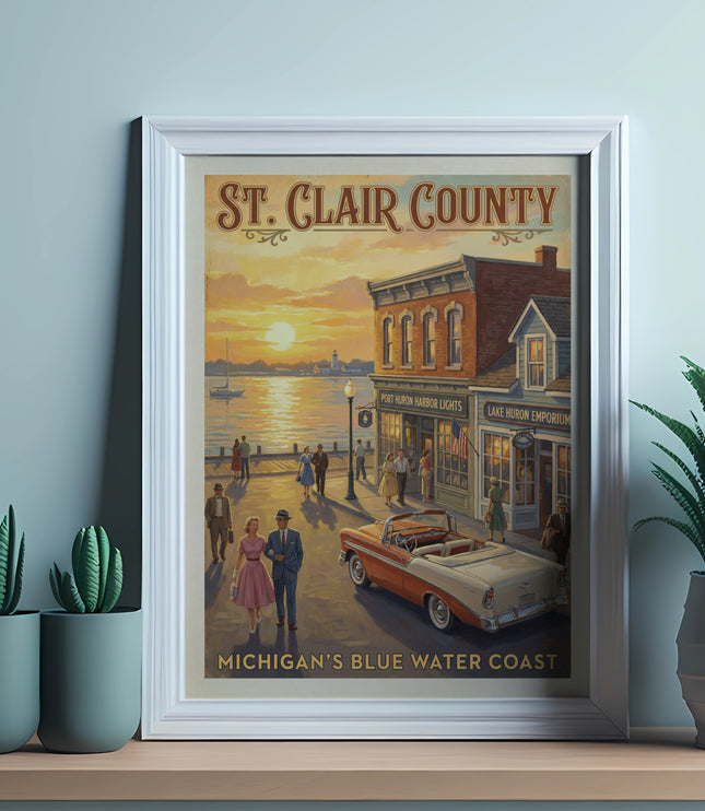 St. Clair County Michigan's Blue Water Coast vintage poster depicting harbor with sunset and buildings.
