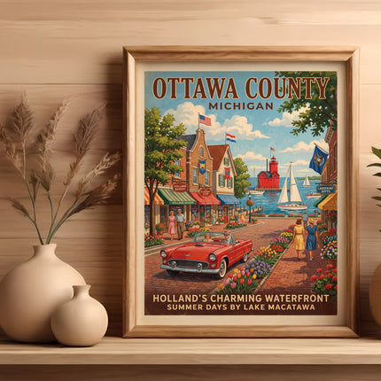 Ottawa County, Michigan vintage poster with Holland's waterfront and lighthouse.