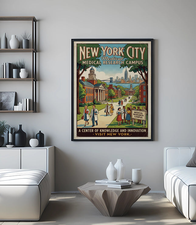 New York City Medical Research Campus vintage travel poster.
