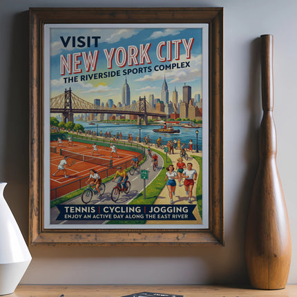 Vintage New York City poster advertising tennis, cycling, and jogging at Riverside Sports Complex.