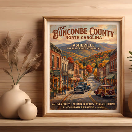 Vintage-style "Visit Buncombe County" poster with Asheville street scene and autumn mountains.