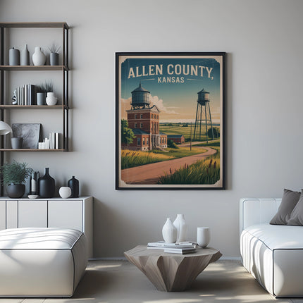 Vintage Allen County, Kansas poster depicting a water tower and buildings.
