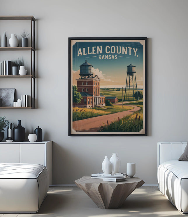 Vintage Allen County, Kansas poster depicting a water tower and buildings.