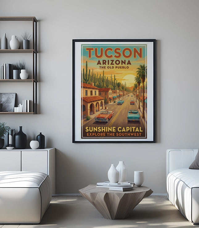 Tucson Arizona vintage travel poster with desert scene and classic cars.