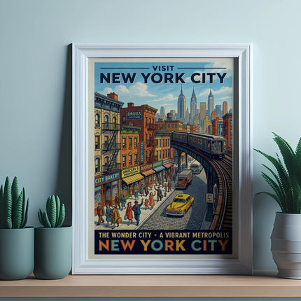 Vintage "Visit New York City" poster with street scene, yellow taxi, and elevated train.