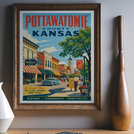 Pottawatomie County Kansas poster with Wamego shops, people, and text.