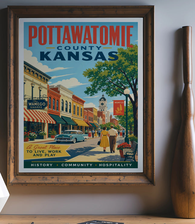 Pottawatomie County Kansas poster with Wamego shops, people, and text.