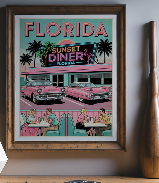 Retro Florida Sunset Diner art with pink cars and people eating.
