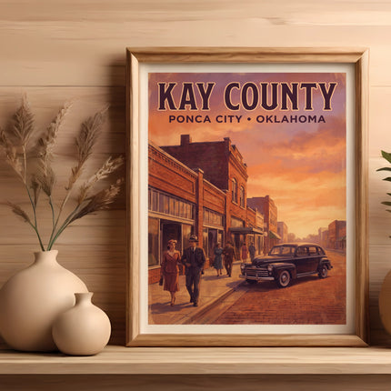 Kay County, Ponca City, Oklahoma vintage poster with people and car.
