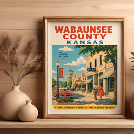 Vintage Wabaunsee County, Kansas travel poster of historic downtown Alma.