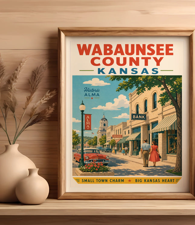 Vintage Wabaunsee County, Kansas travel poster of historic downtown Alma.