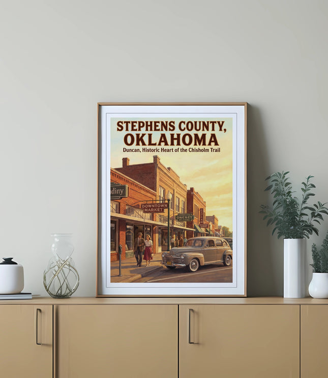 Vintage poster of Stephens County, Oklahoma, showing a downtown street scene.
