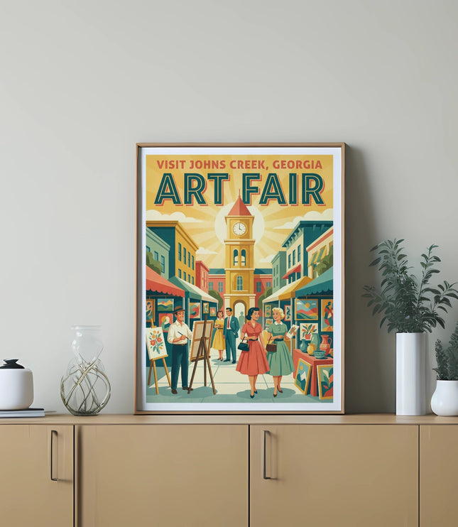 Vintage "Visit Johns Creek, Georgia Art Fair" poster featuring a town square scene.