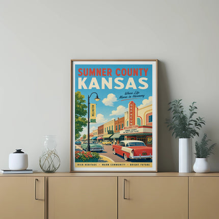 Vintage poster of Wellington, Kansas, featuring vintage cars and buildings with text.