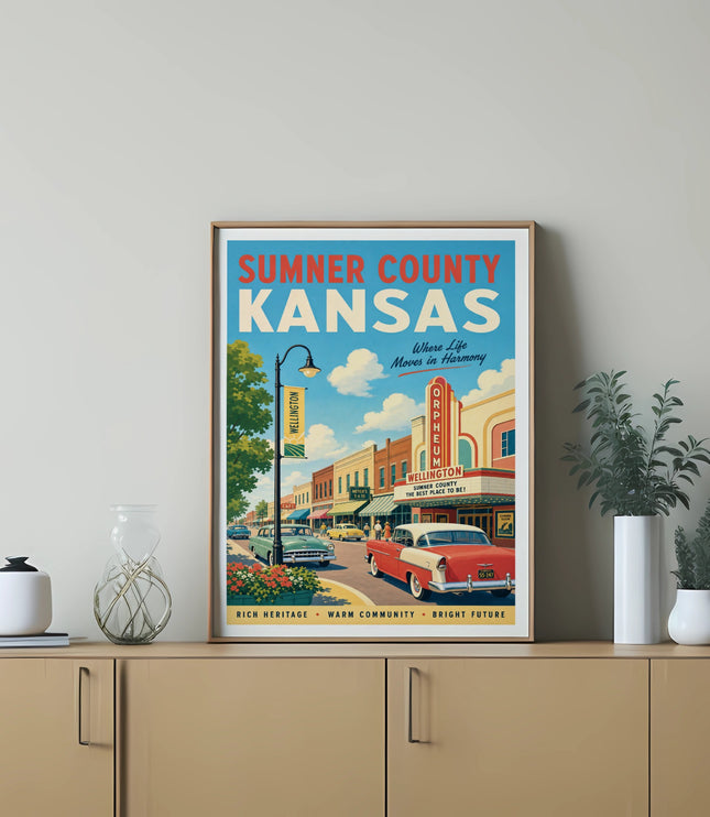 Vintage poster of Wellington, Kansas, featuring vintage cars and buildings with text.